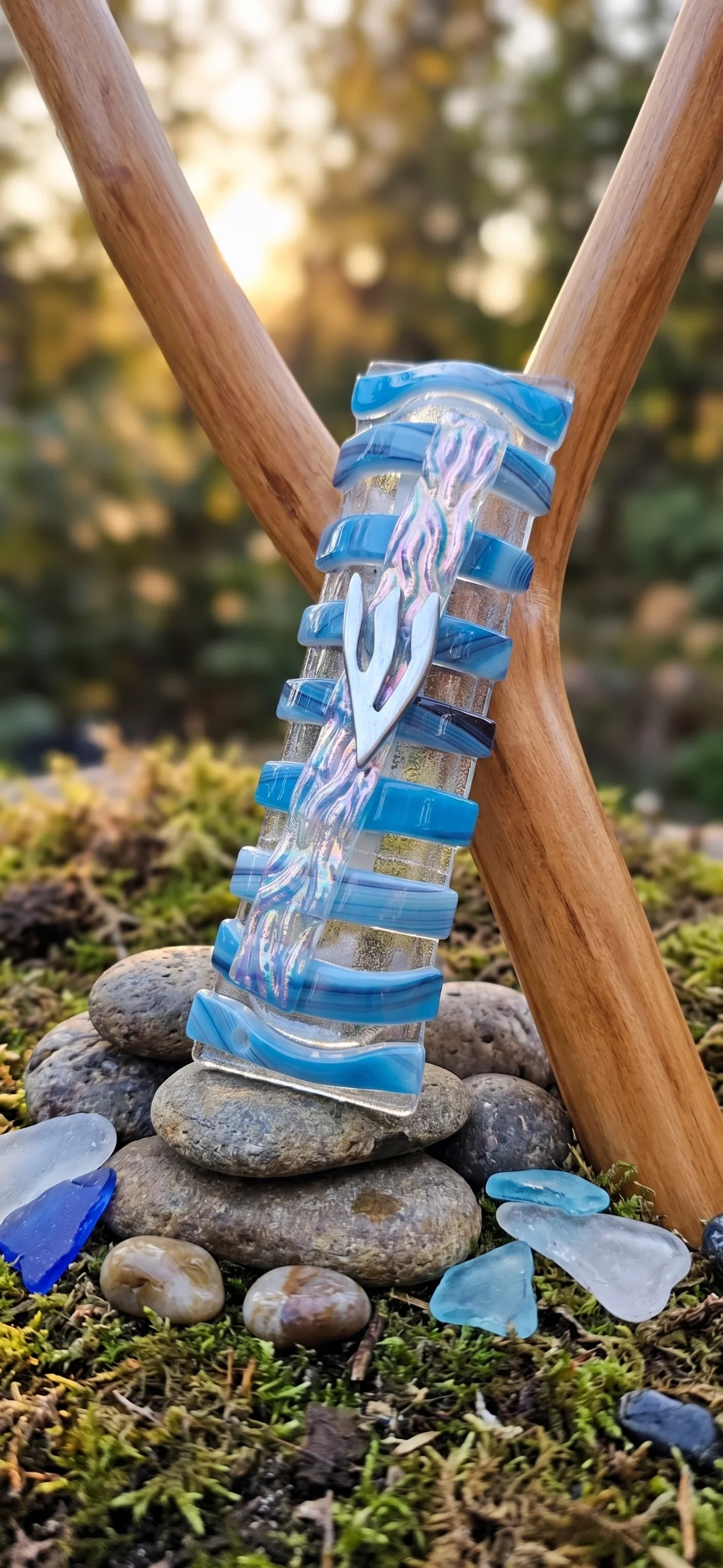 Striped blue-and-white  fused glass mezuzah