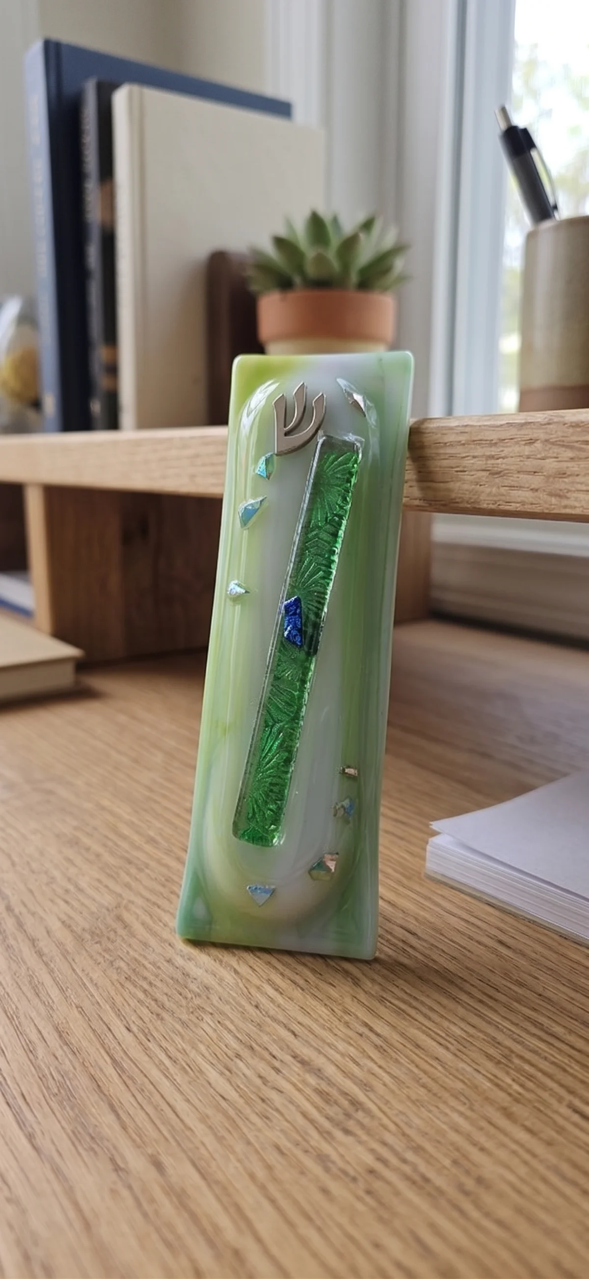 Mint Sparkles Fused Glass Mezuzah