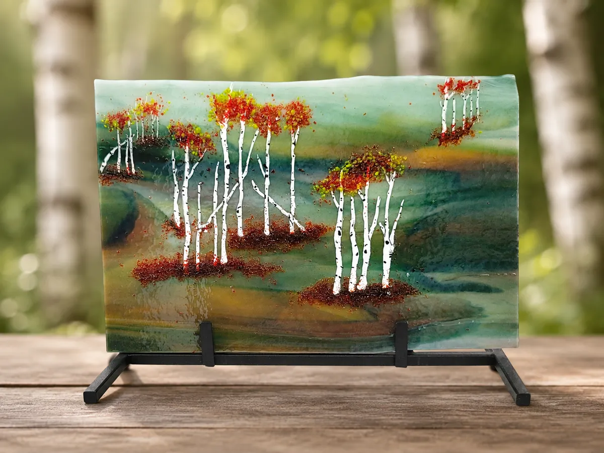 Autumn Birch Landscape fused glass panel