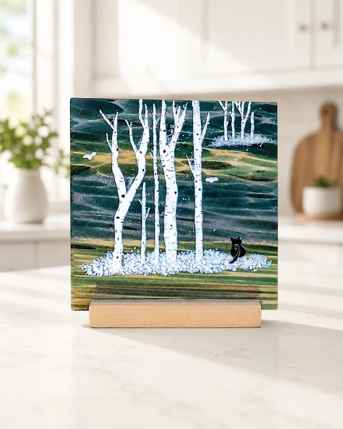 Winter Watch fused glass scene with cat